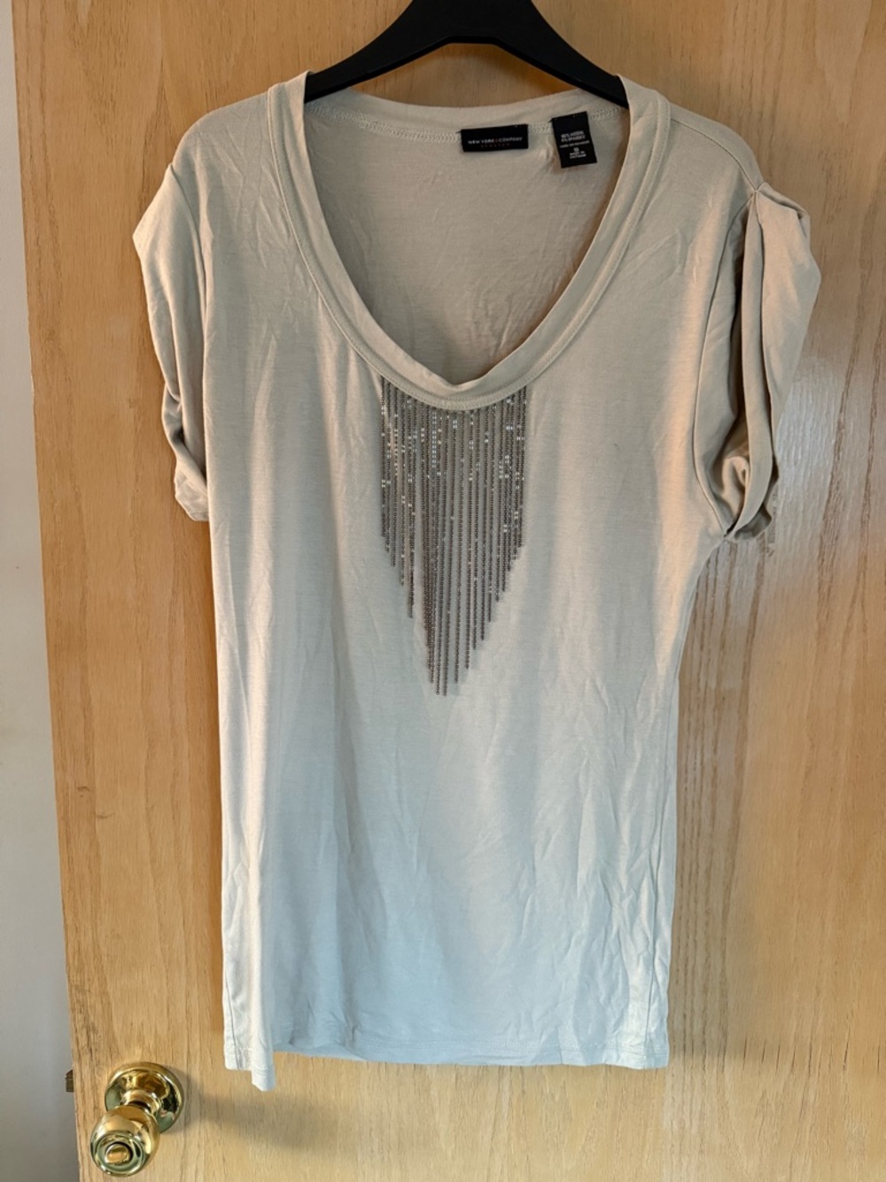 New York & Company Cream Modal Beaded Short Sleeve Top Size Small